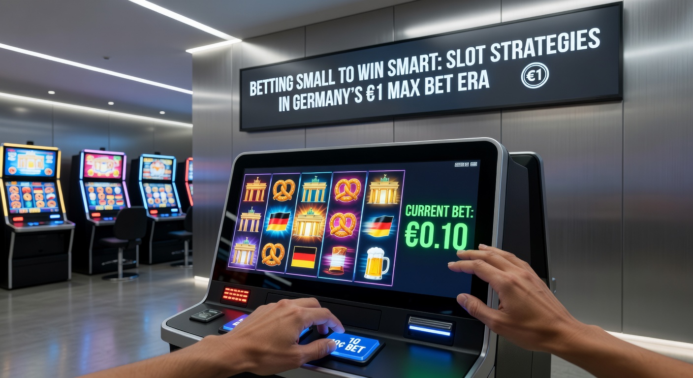 Moderne Slot-Maschine mit €1-Einsatzanzeige in einem deutschen Online-Casino, beleuchtet von Neonlichtern und Symbolen für hohe RTP-Werte