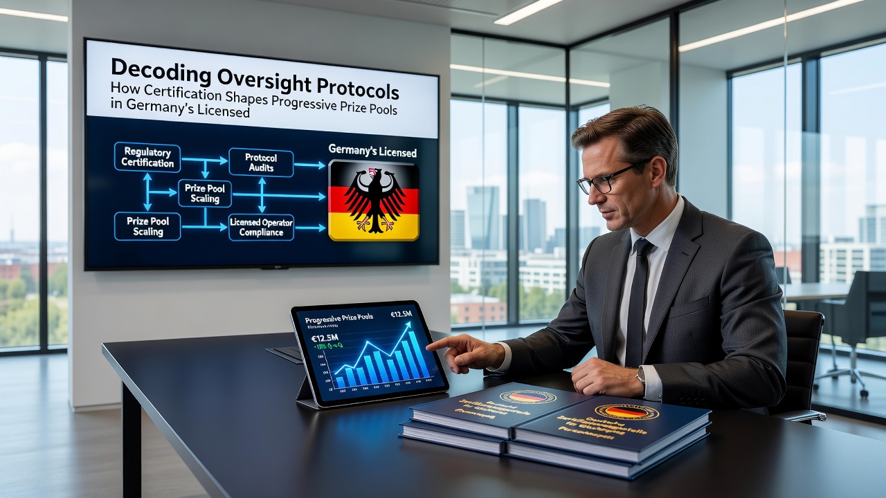 Diagramm zu zertifizierten Pool-Mechanismen und regulatorischen Einflüssen auf progressive Jackpots