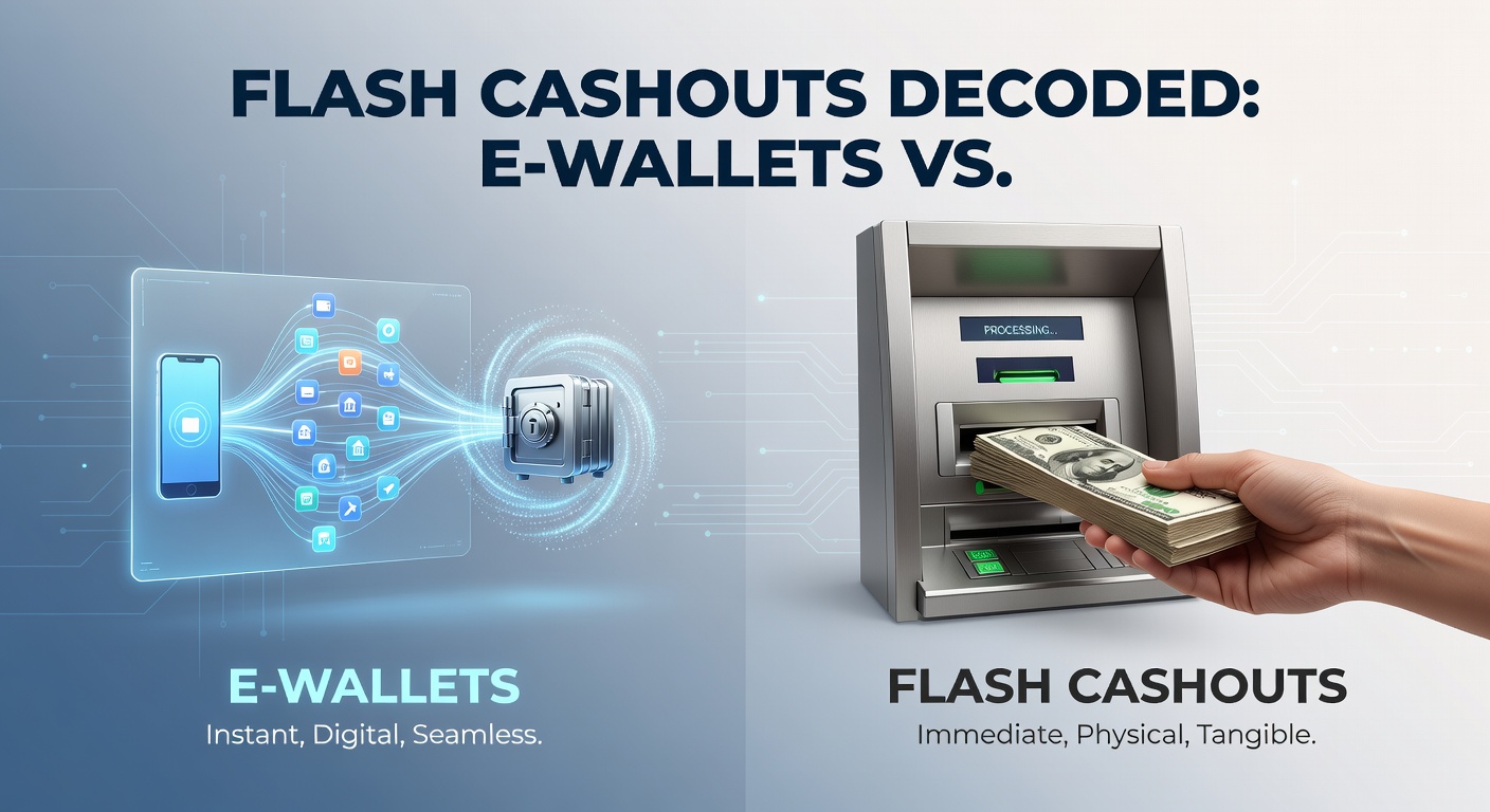 Vergleichsgrafik von E-Wallet-Auszahlungen und Banküberweisungen mit Zeitangaben und Icons für Geschwindigkeit und Sicherheit