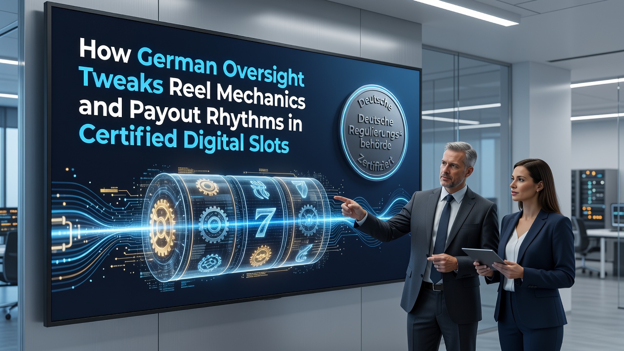 Illustration showing reel mechanics adjustments in certified digital slots under German oversight