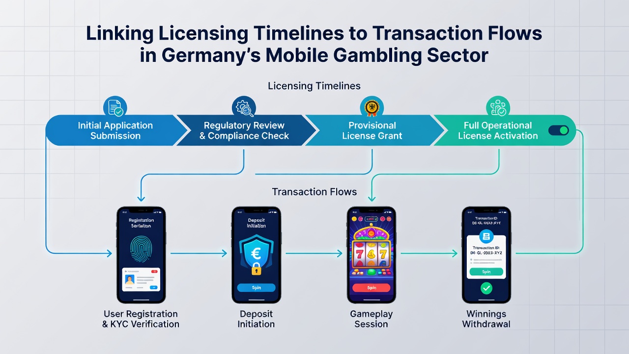 Darstellung von Transaktionsflüssen und Lizenzprüfungen in mobilen Glücksspielumgebungen