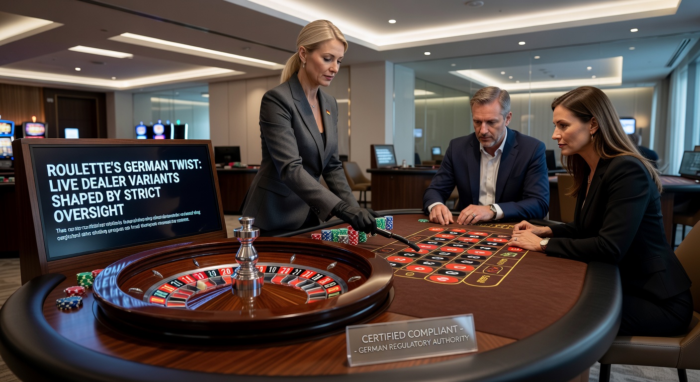 Nahaufnahme eines Live-Roulette-Rads mit Dealer im Hintergrund und digitalen Overlay-Infos zu Limits und RTP