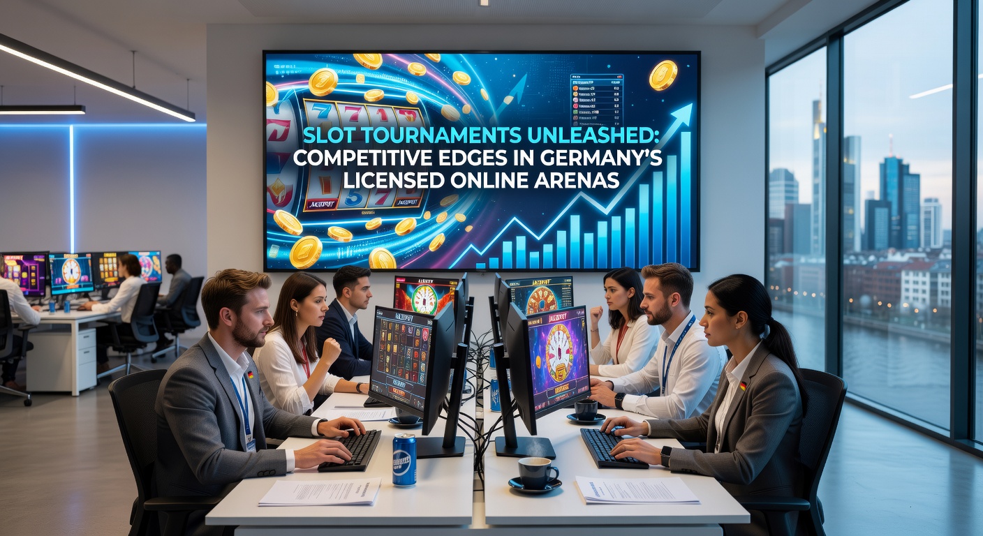 Dynamisches Bild eines Slot-Turniers mit leuchtenden Bildschirmen und jubelnden Spielern in einer virtuellen Arena